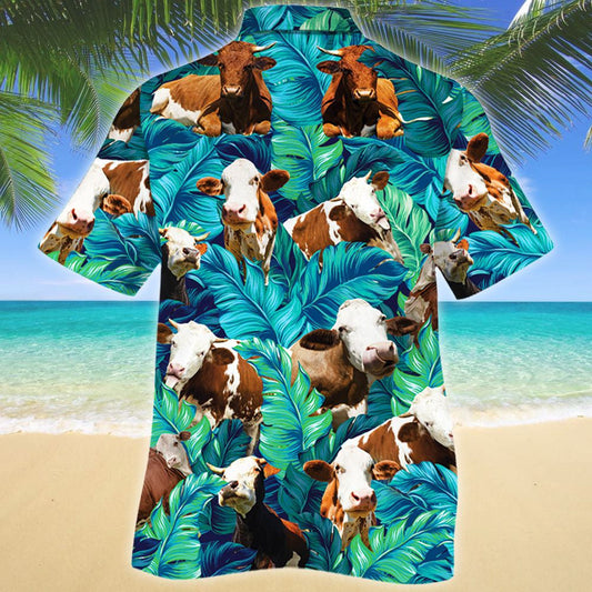 Simmental Cute Cattle Hawaiian Shirt Blue And Green Tropical Leave, Hawaiian Shirt Gift, Christmas Gift