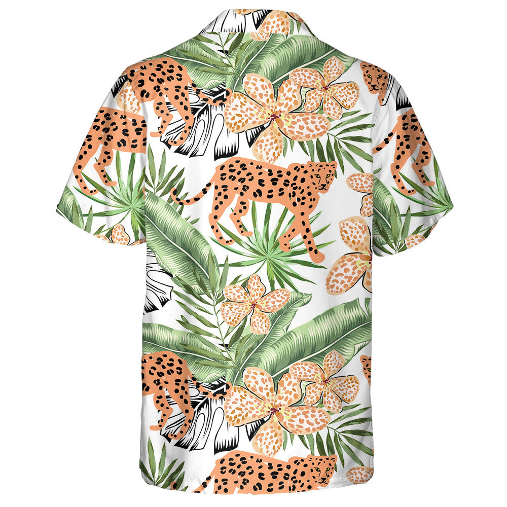 Orange Leopard Animals And Green Banana Palm Leaves Hawaiian Shirt, Hawaiian Shirt Gift, Christmas Gift