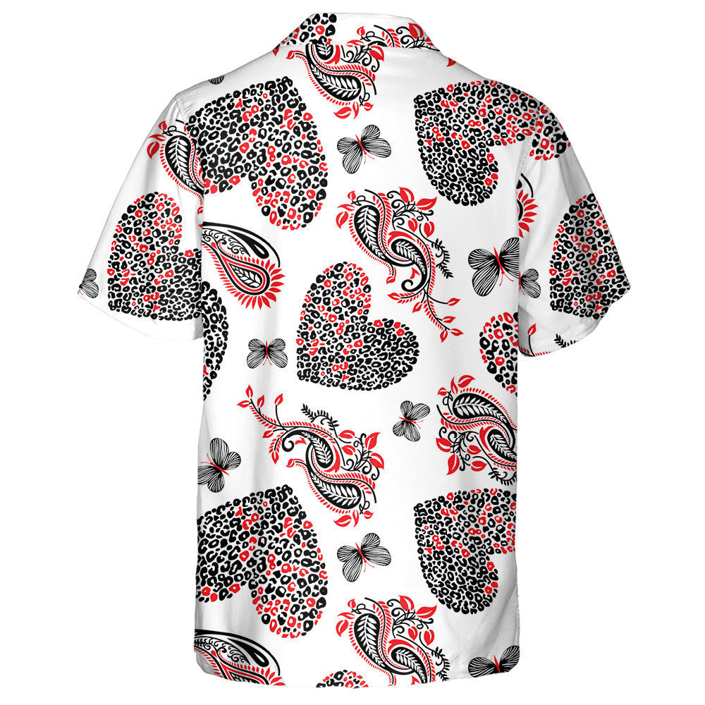Leopard Hearts With Paisleys Motifs On White Background Hawaiian Shirt, Hawaiian Shirt Gift, Christmas Gift