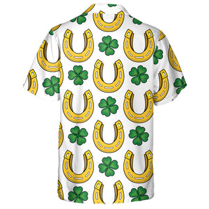 Abstract Golden Horseshoe And Clover Leaf Hawaiian Shirt, Hawaiian Shirt Gift, Christmas Gift