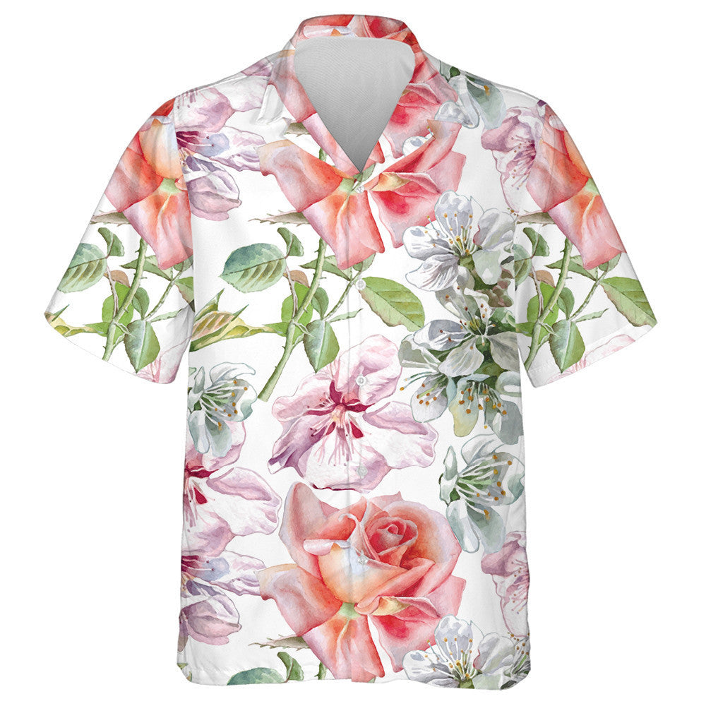 Watercolor Orange Pink Roses Flower Branches Art Design Hawaiian Shirt, Hawaiian Shirt Gift, Christmas Gift