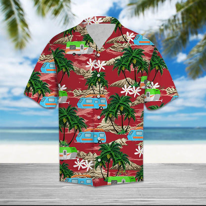 Summer Caravan Palm Island On Red Background Pattern Hawaiian Shirt, Hawaiian Shirt Gift, Christmas Gift