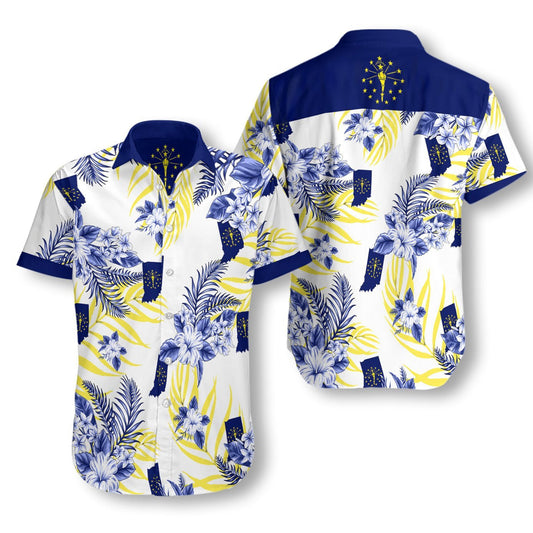 Indiana Proud With Blue Palm Leaves And Flowers Design Hawaiian Shirt, Hawaiian Shirt Gift, Christmas Gift