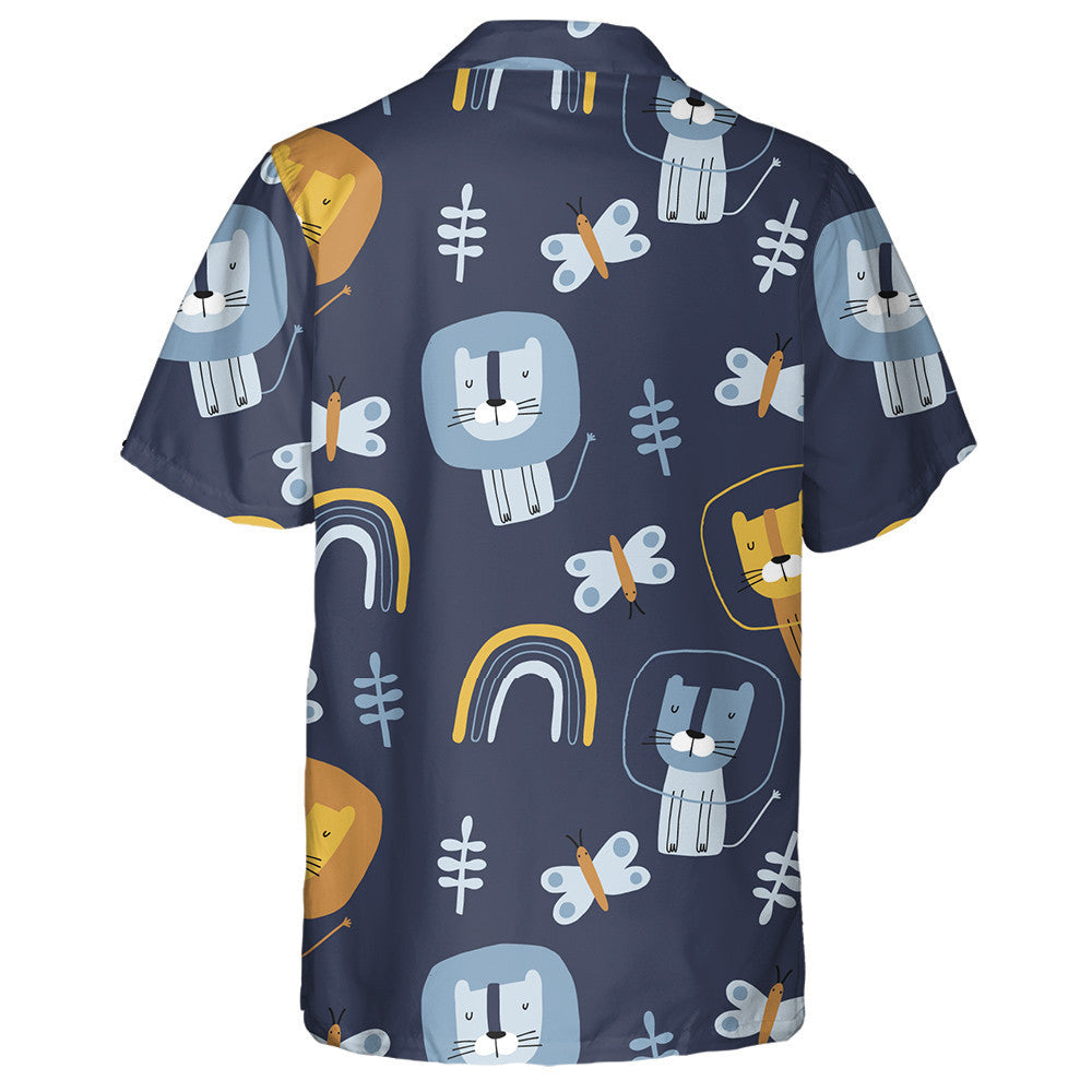 Hand Drawn Funny Lions And Butterflies Hawaiian Shirt, Hawaiian For Gift