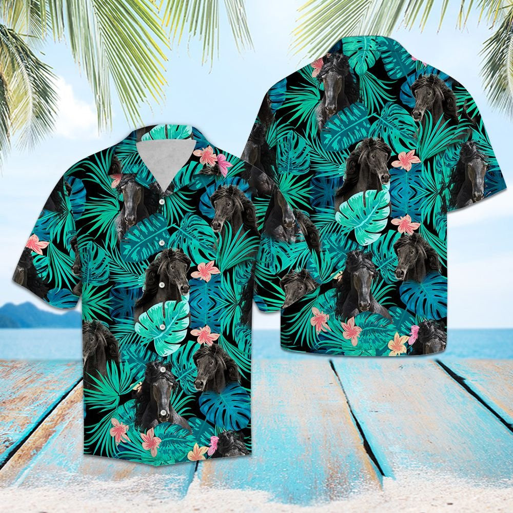 Friesian Horse Green Monstera Leaves Design Hawaiian Shirt, Hawaiian Shirt Gift, Christmas Gift