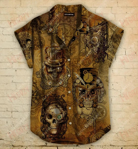 Skull Steampunk Short Short Sleeve Shirt Summer Hawaiian T Shirts Hawaiian Crazy Shirts Hawaiian Shirt Pattern, Hawaiian Shirt Gift, Christmas Gift