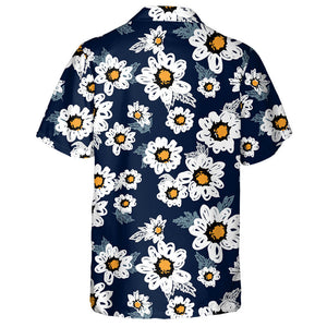 White Sunflowers Drawing By Hand On Dark Blue Background Hawaiian Shirt, Hawaiian Shirt Gift, Christmas Gift