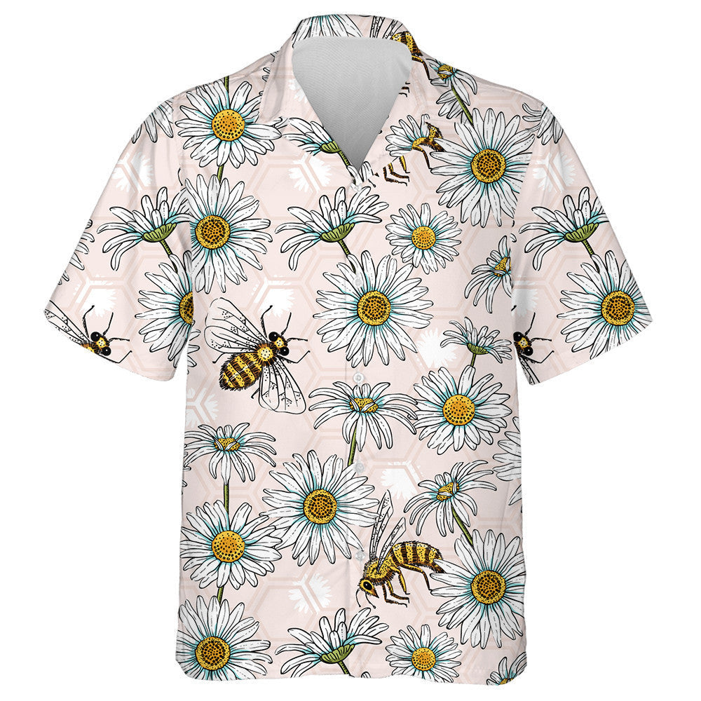 Natural Summer Daisies And Bees On Hexagon Hawaiian Shirt, Hawaiian Shirt Gift, Christmas Gift