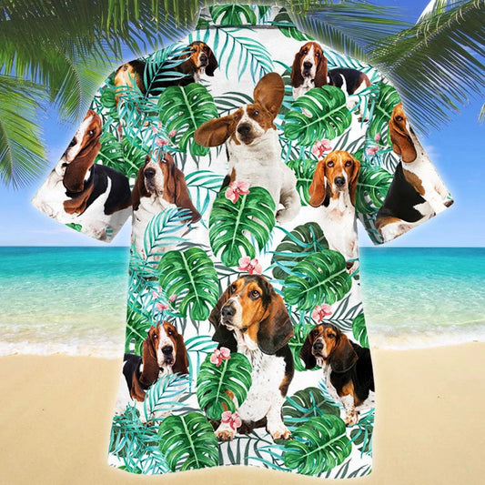 Basset Hound Dog Tropical Plant Móntera Leaves Pattern Hawaiian Shirt, Hawaiian Shirt Gift, Christmas Gift