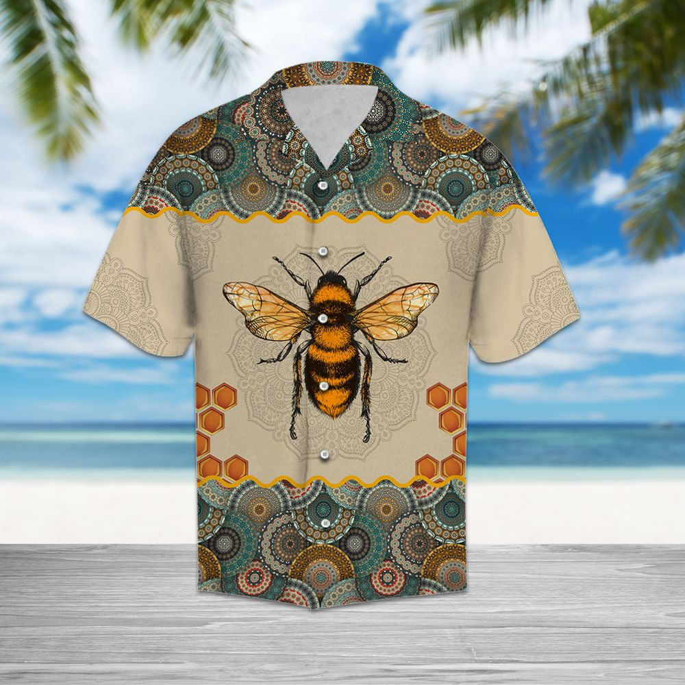 Bee Mandala On Colorful Patchwork Circle Frame Pattern Hawaiian Shirt, Hawaiian Shirt Gift, Christmas Gift