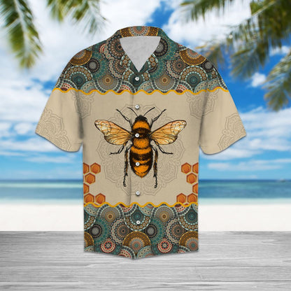 Bee Mandala On Colorful Patchwork Circle Frame Pattern Hawaiian Shirt, Hawaiian Shirt Gift, Christmas Gift