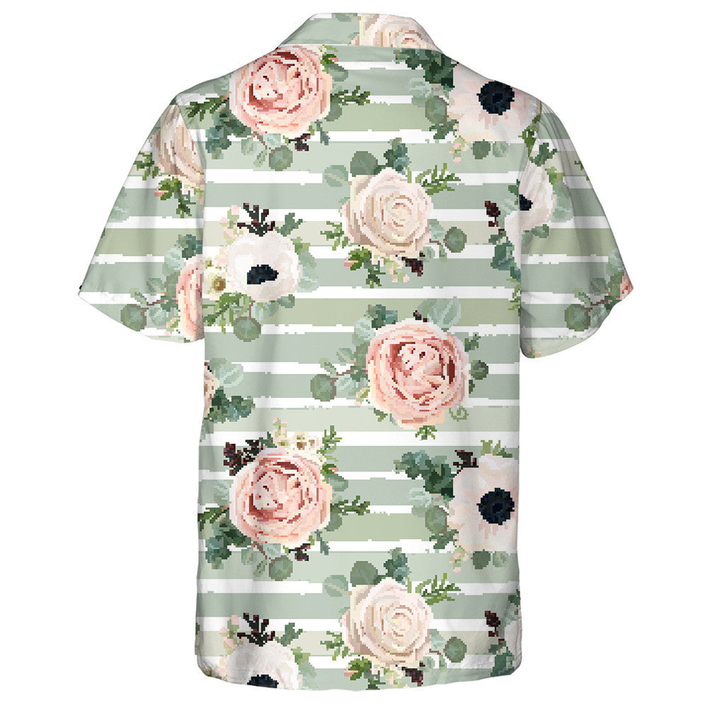Beautiful Rose Flower On Green And White Striped Background Hawaiian Shirt, Hawaiian Shirt Gift, Christmas Gift
