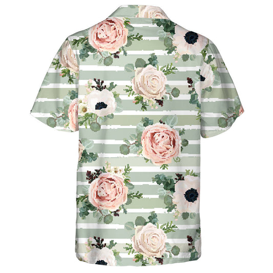 Beautiful Rose Flower On Green And White Striped Background Hawaiian Shirt, Hawaiian Shirt Gift, Christmas Gift