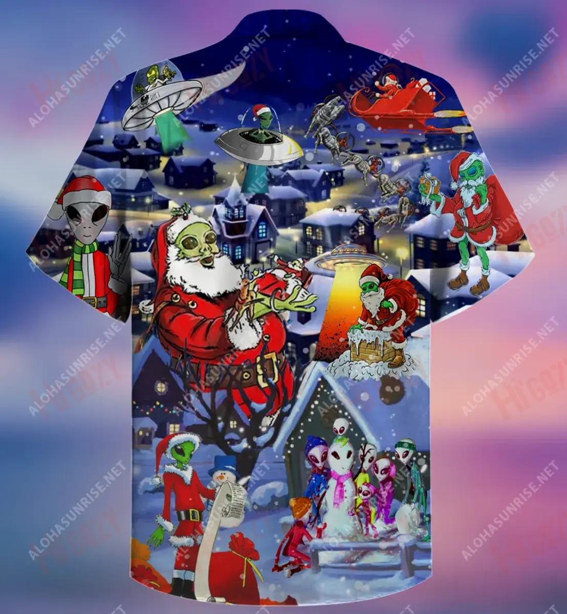 Merry Christmas Earthlings Aliens Short Hawaiian Shirt Vacation Aloha Shirt Custom Hawaiian Shirts Hawaiian Shirts For Women, Hawaiian Shirt Gift, Christmas Gift