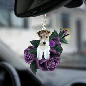 Wire Fox Terrier In Purple Rose Car Hanging Ornament, Christmas Decoration