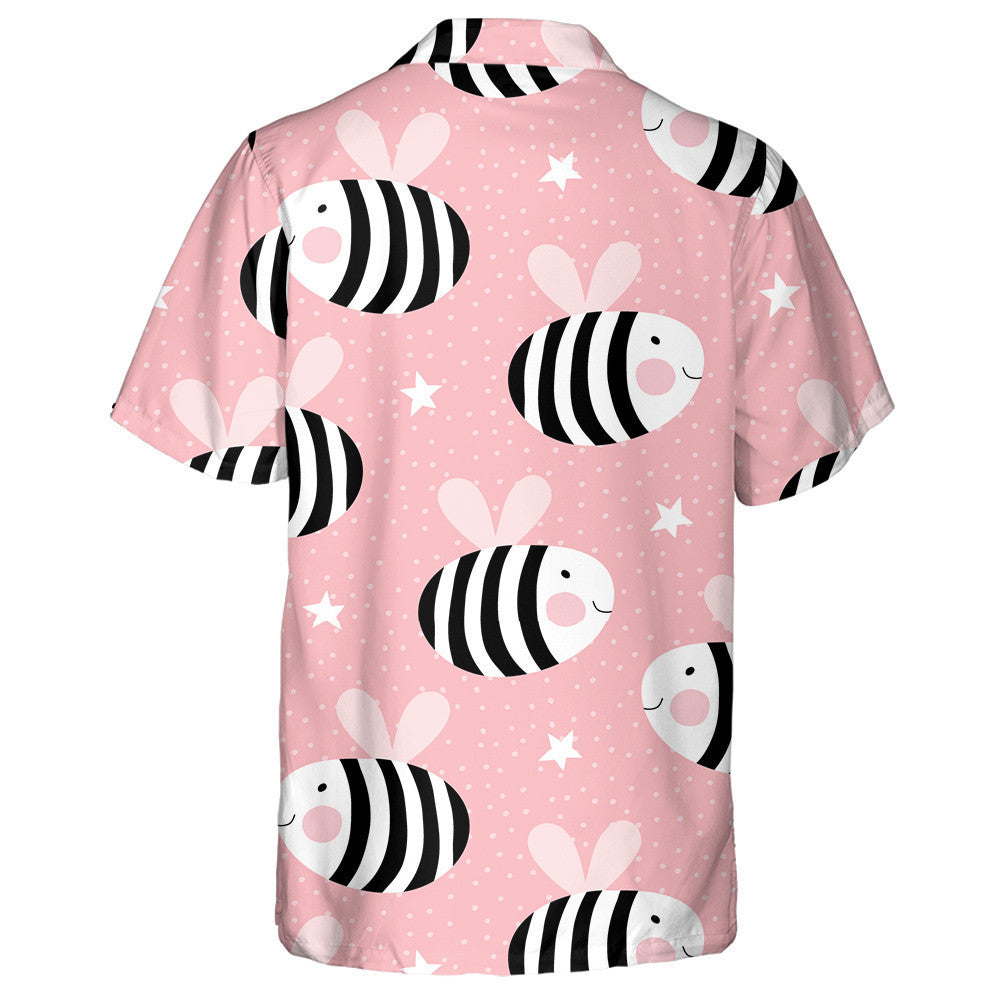 Black White Cute Bee And Star On Pink Hawaiian Shirt, Hawaiian Shirt Gift, Christmas Gift