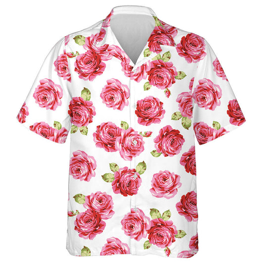 Watercolor Pink Roses Green Leaves Pattern White Theme Hawaiian Shirt, Hawaiian Shirt Gift, Christmas Gift
