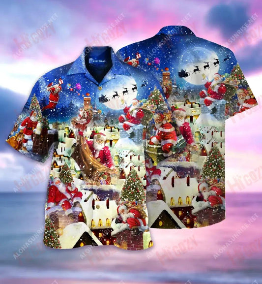 Up On Rooftop, Santa'S Busiest Night Short Hawaiian Shirt Hobbies Hawaiian T Shirts Vintage Hawaiian Shirts Hawaiian Shirt Pattern, Hawaiian Shirt Gift, Christmas Gift