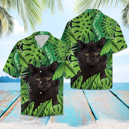 Black Cat Mix Green Palm Leaves Print Hawaiian Shirt, Hawaiian Shirt Gift, Christmas Gift