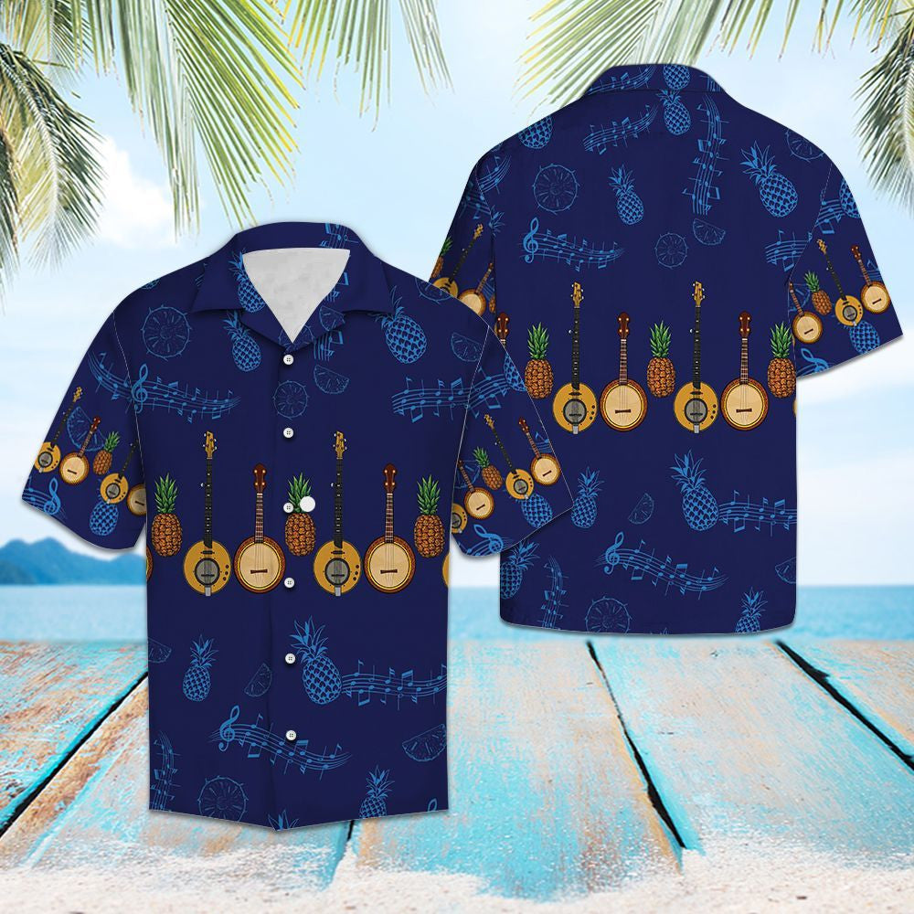 Vintage Banjo Musical Instrument Pattern Hawaiian Shirt, Hwaiian For Gift