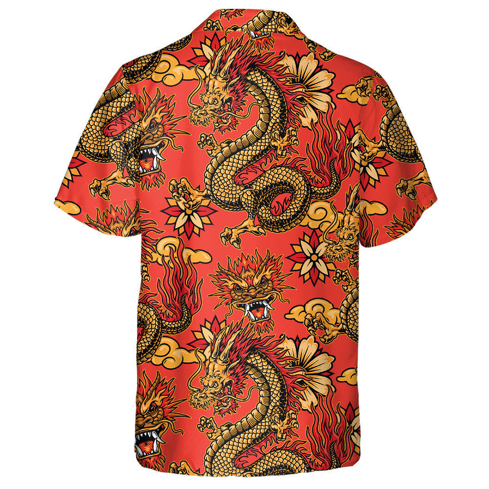 Fantasy Dragons Decorative Flowers And Clouds On Red Hawaiian Shirt, Hawaiian Shirt Gift, Christmas Gift