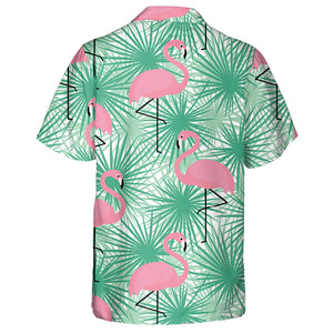 Pink Flamingo On Green Tropical Palm Hawaiian Shirt,Hawaiian Shirt Gift, Christmas Gift