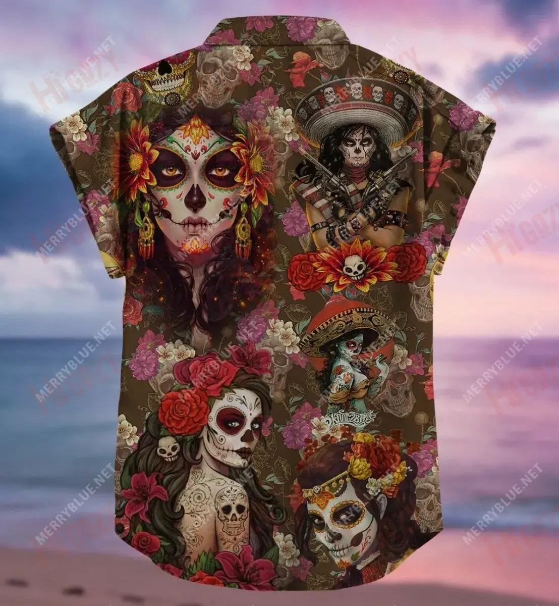 Day Of The Dead Sugar Skull Short Short Sleeve Shirt Vacation Hawaiian T Shirts Hawaiian Crazy Shirts Hawaiian Shirts For Women, Hawaiian Shirt Gift, Christmas Gift
