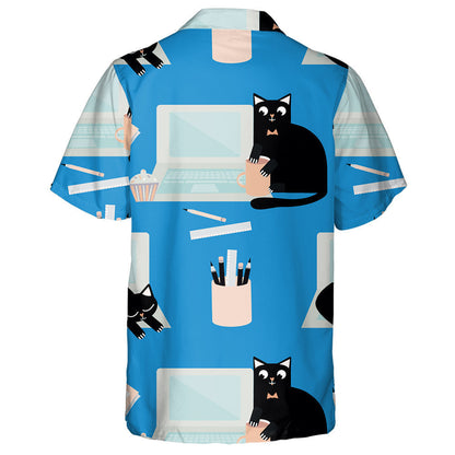 Hand Drawn Cute Laptop And Cartoon Cat Hawaiian Shirt, Hawaiian Shirt Gift, Christmas Gift