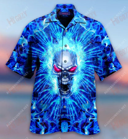 Blue Firing Skull Short Sleeve Shirt Summer Hawaiian T Shirts Best Hawaiian Shirts Hawaiian Shirt Pattern, Hawaiian Shirt Gift, Christmas Gift