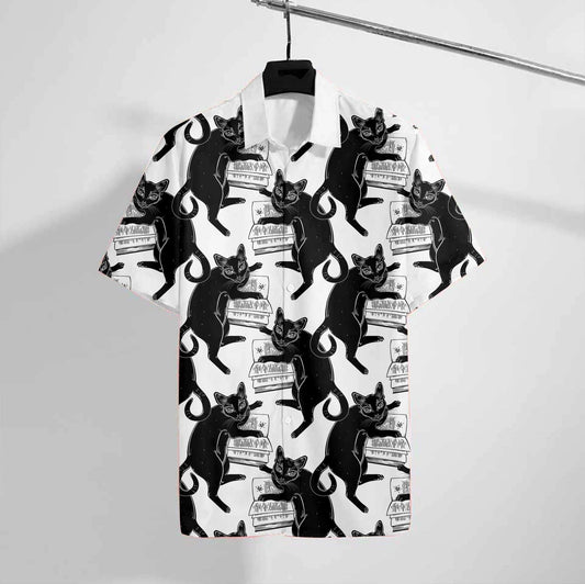 Happy Halloween Spooky Black Cat Loves Book Hawaiian Shirt, Hawaiian Shirt Gift, Christmas Gift