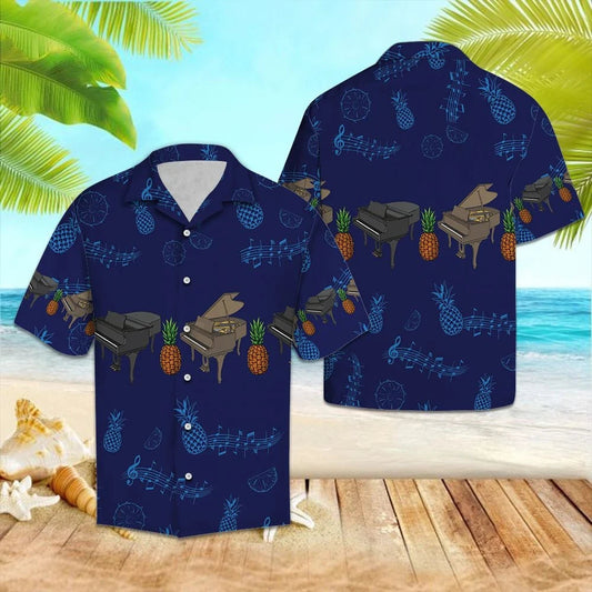 Piano Pineapple With Musica Notes In Deep Blue Hawaiian Shirt, Hawaiian Shirt Gift, Christmas Gift