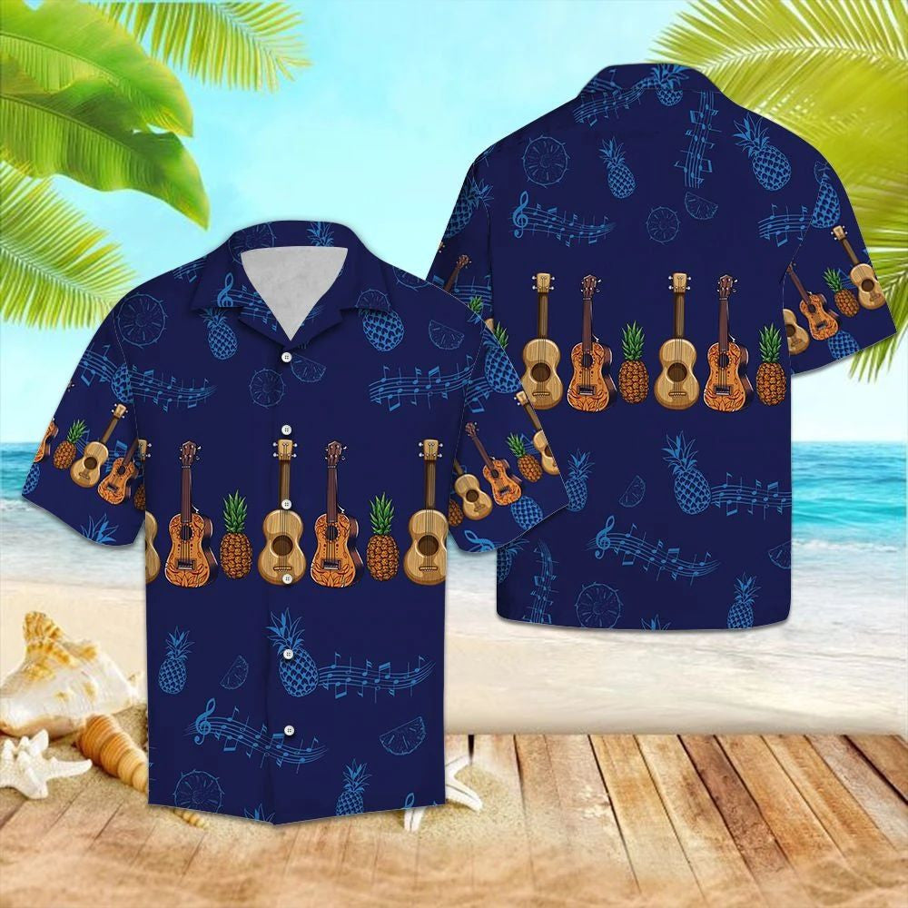 Ukulele With Pineapple Summer On Beach Hawaiian Shirt, Hwaiian For Gift