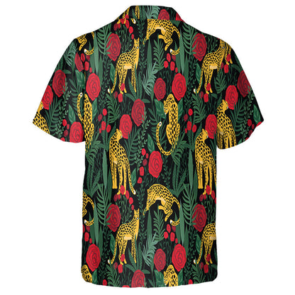 Leopards With Tropical Leaves And Roses Hawaiian Shirt, Hawaiian For Gift