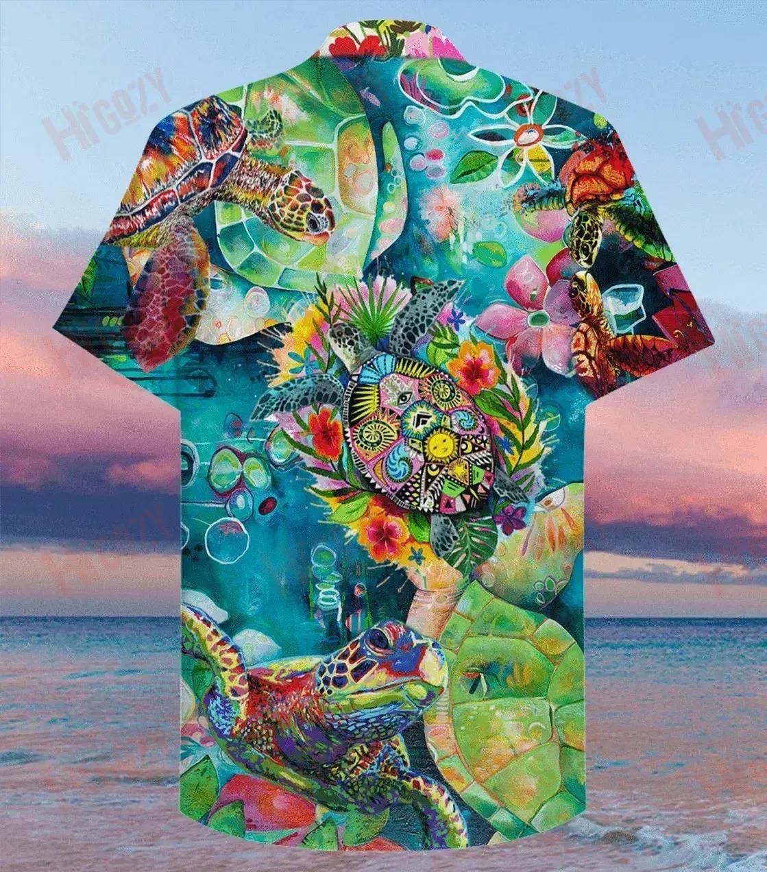 Colorful Turtle Unisex Hawaiian Shirt Ocean Short Sleeve Custom Hawaiian Shirts Hawaiian Shirts For Men, Hawaiian Shirt Gift, Christmas Gift