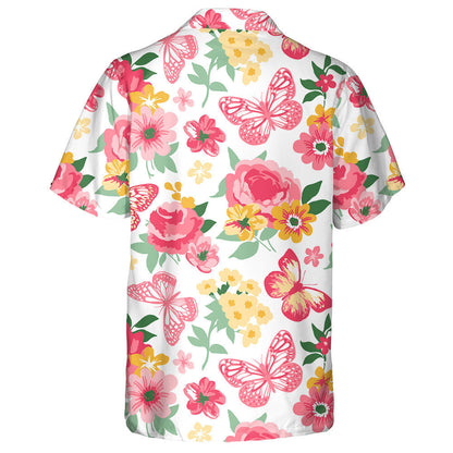 Coral And Yellow Butterflies With Roses And Peonies Hawaiian Shirt, Hawaiian Shirt Gift, Christmas Gift