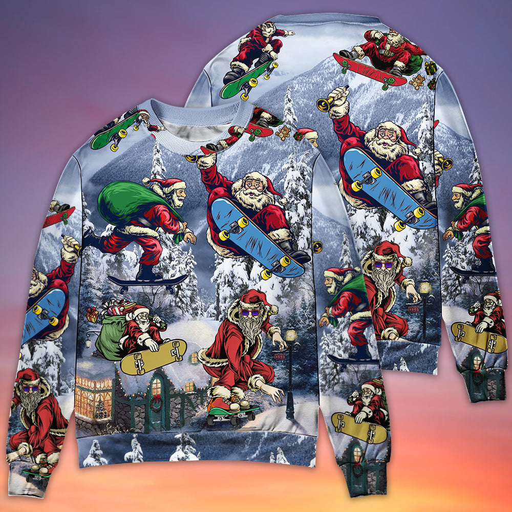 Christmas Santa Claus Skateboarding Snow Mountain Gift Light Art Style Ugly Christmas Sweater, Christmas Gift, Gift Christmas 2024