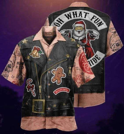 Christmas Biker Leather Jacket What Fun Vintage Style Design Hawaiian Shirt, Hawaiian Shirt Gift, Christmas Gift.