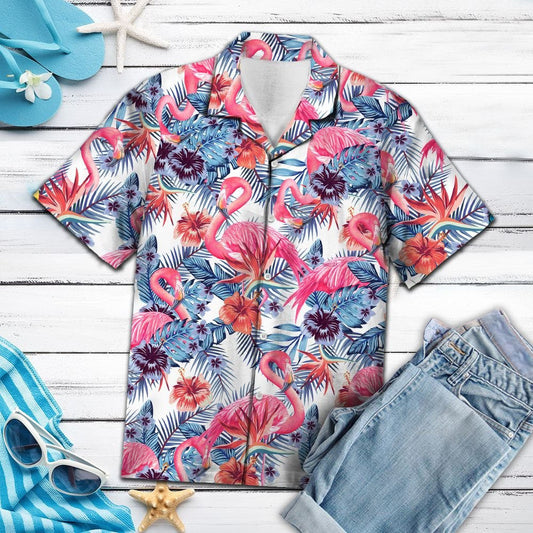 Pink Flamingo With Red Hibiscus In White Hawaiian Shirt, Hawaiian Shirt Gift, Christmas Gift