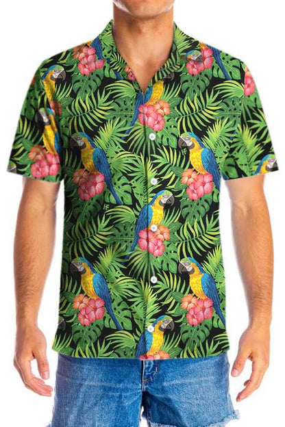 Spring Season Parrots Hibiscus And Palm Leaves Hawaiian Shirt, Hawaiian Shirt Gift, Christmas Gift