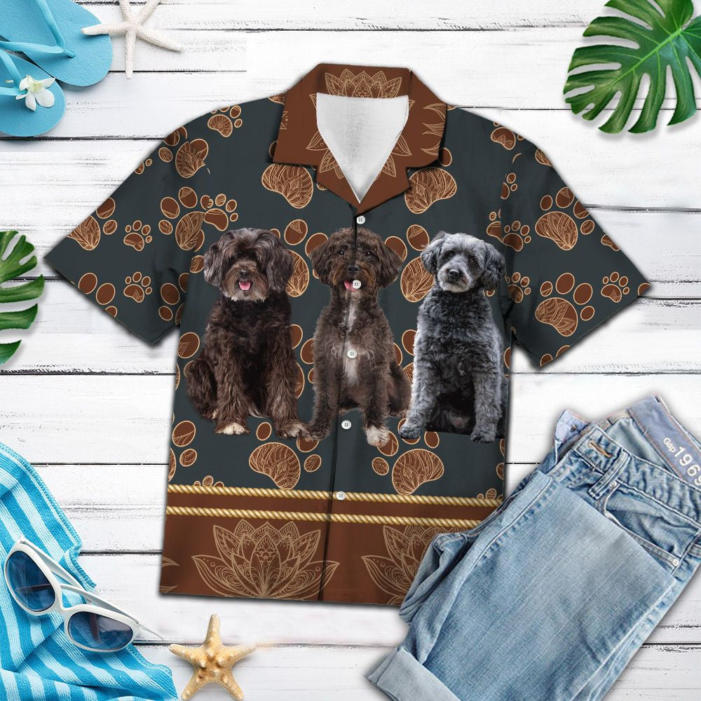 Three Schnoodle Dog With Brown Flower Paw Pattern Hawaiian Shirt, Hawaiian Shirt Gift, Christmas Gift