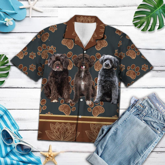 Three Schnoodle Dog With Brown Flower Paw Pattern Hawaiian Shirt, Hawaiian Shirt Gift, Christmas Gift