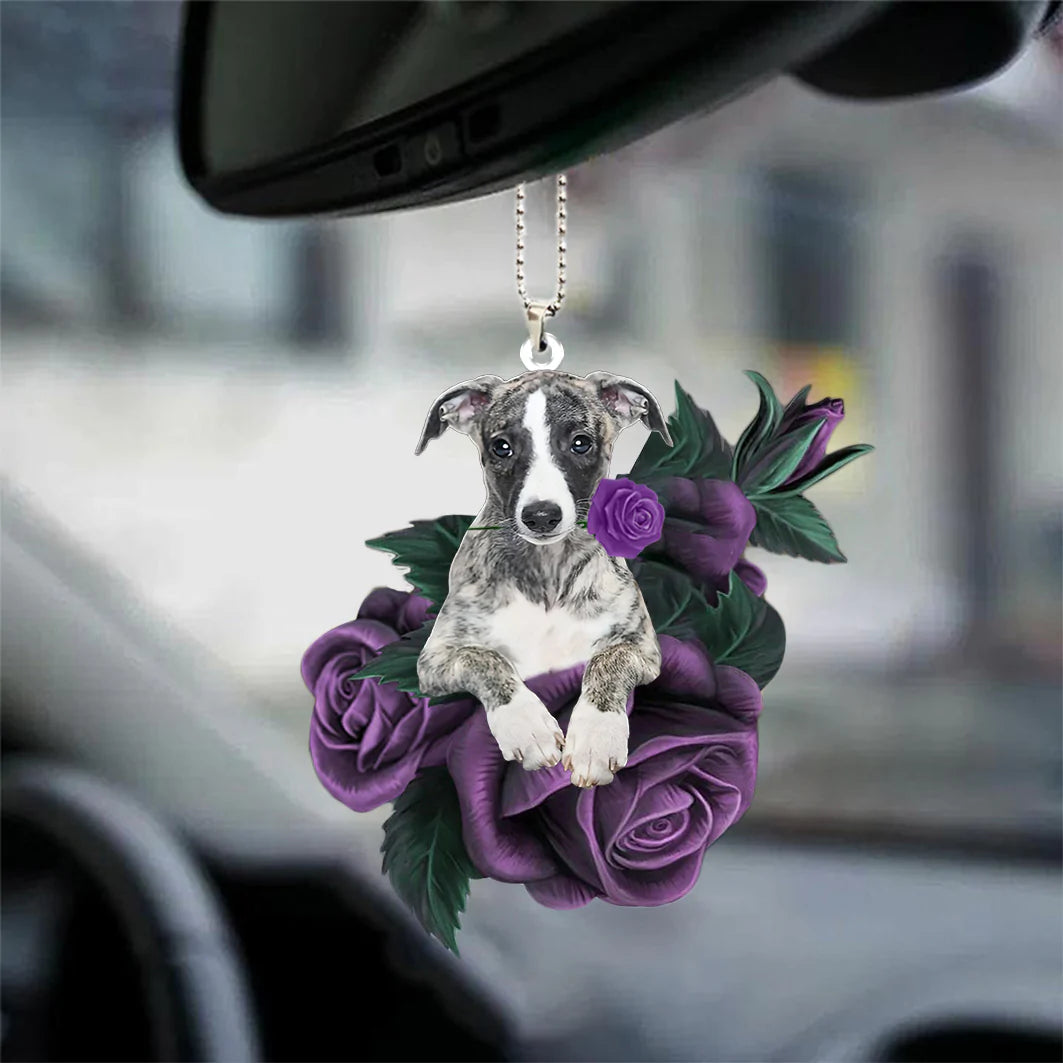Whippet In Purple Rose Car Hanging Ornament, Christmas Decoration