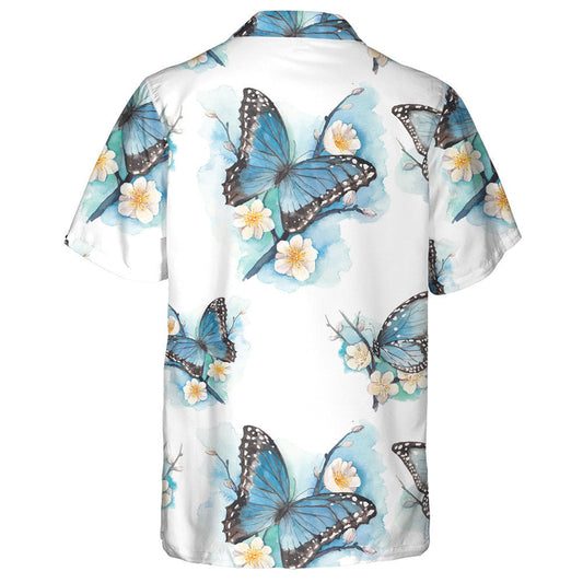 Water Blue Butterfly On Plum Blossom Tree Branch Hawaiian Shirt, Hawaiian Shirt Gift, Christmas Gift