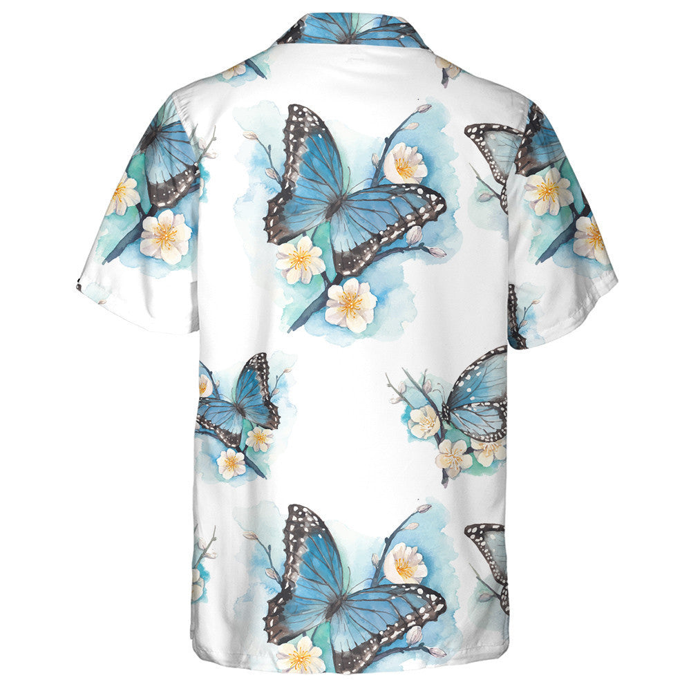 Water Blue Butterfly On Plum Blossom Tree Branch Hawaiian Shirt, Hawaiian Shirt Gift, Christmas Gift