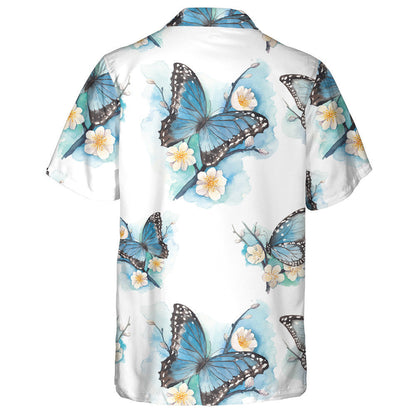 Water Blue Butterfly On Plum Blossom Tree Branch Hawaiian Shirt, Hawaiian Shirt Gift, Christmas Gift