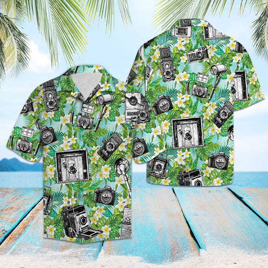 Vintage Camera Photographer On Tropical Hibiscus And Leaves Pattern Hawaiian Shirt, Hawaiian Shirt Gift, Christmas Gift