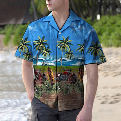 Tropical Palm Trees With Motorcycle Blue Ocean Sky Hawaiian Shirt, Hawaiian Shirt Gift, Christmas Gift
