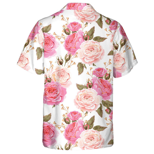 Pale Pink English Rose Branch White Theme Design Hawaiian Shirt, Hawaiian Shirt Gift, Christmas Gift