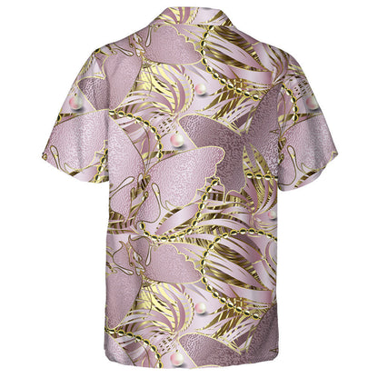 Hand Drawn Glittery Butterflies Rose Gold Background Hawaiian Shirt, Hawaiian Shirt Gift, Christmas Gift