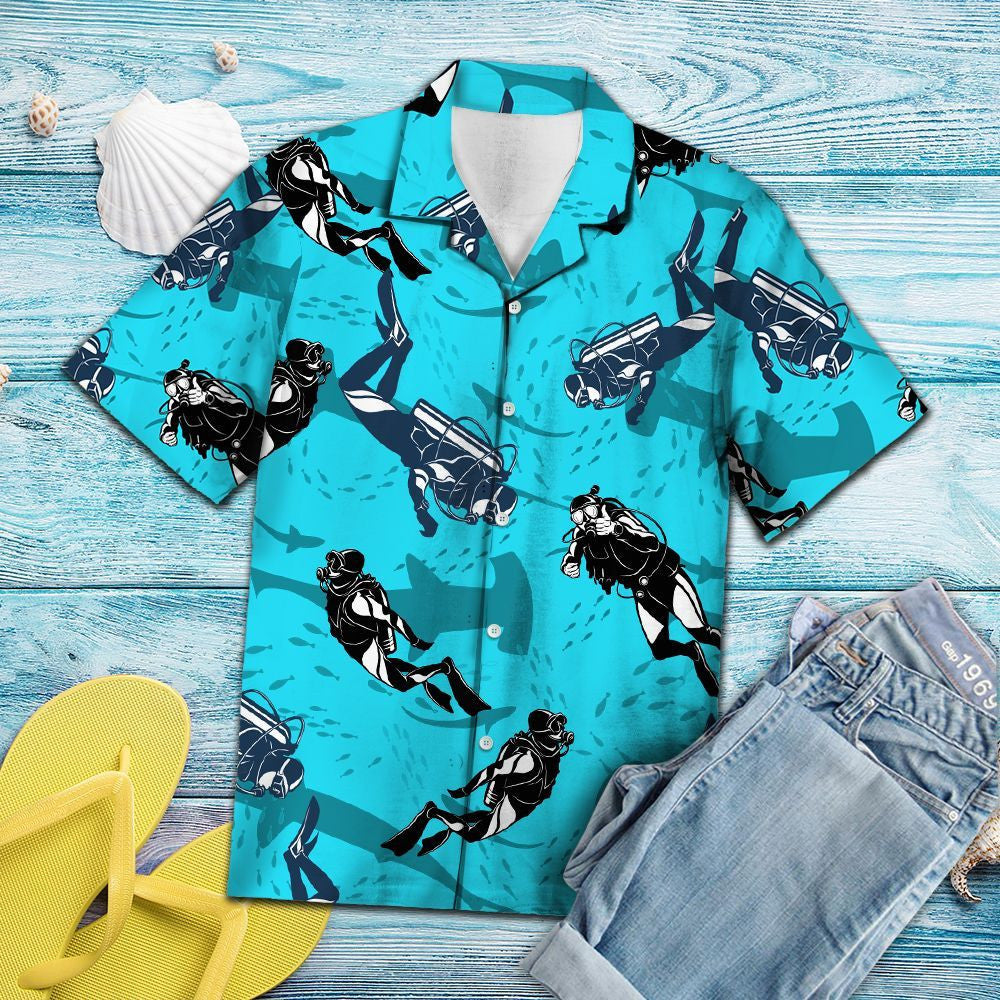 Deep Blue Sea Scuba Driving With Shark Pattern Hawaiian Shirt, Hawaiian Shirt Gift, Christmas Gift